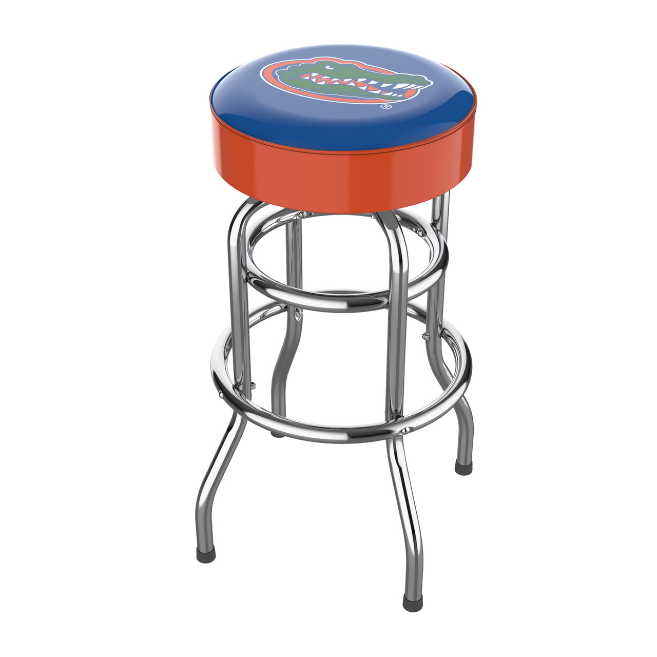 Florida Gators 30" chrome bar stool featuring a round blue and orange team logo seat with shiny chrome legs and footrest. This NCAA bar stool is a great seating option for a fan cave, game room, bar area, pool room, or entertainment space.