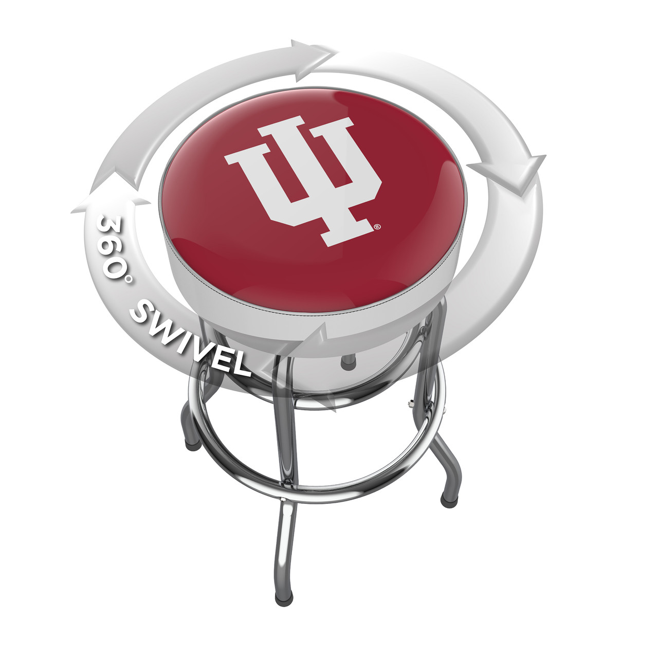 Indiana Hoosiers chrome bar stool shown from above, featuring the round team logo seat and a 360-degree swivel design. This Indiana bar stool adds Hoosiers team pride and functional seating to a home bar, game room, fan cave, or pool room.