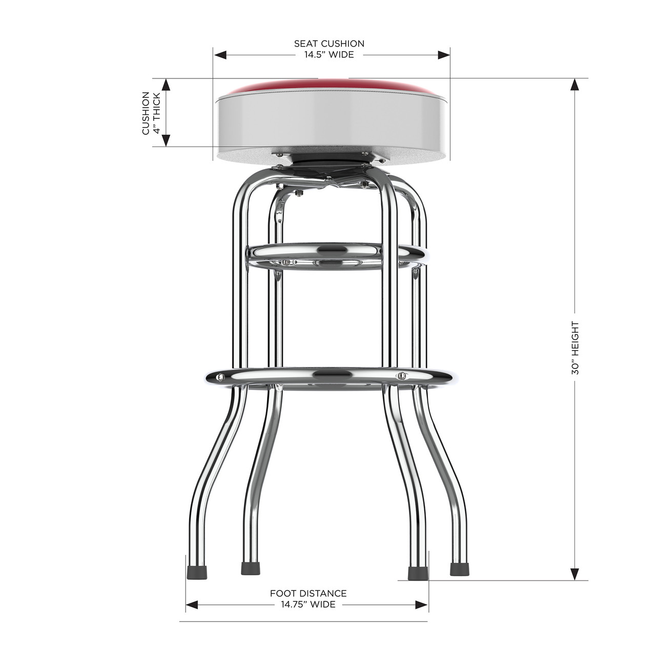 Side view of the Indiana Hoosiers 30" chrome bar stool, highlighting the round padded seat, polished chrome frame, curved legs, footrest, and stool height. This NCAA team bar stool is designed for sports-themed seating in a game room, bar area, or entertainment space.