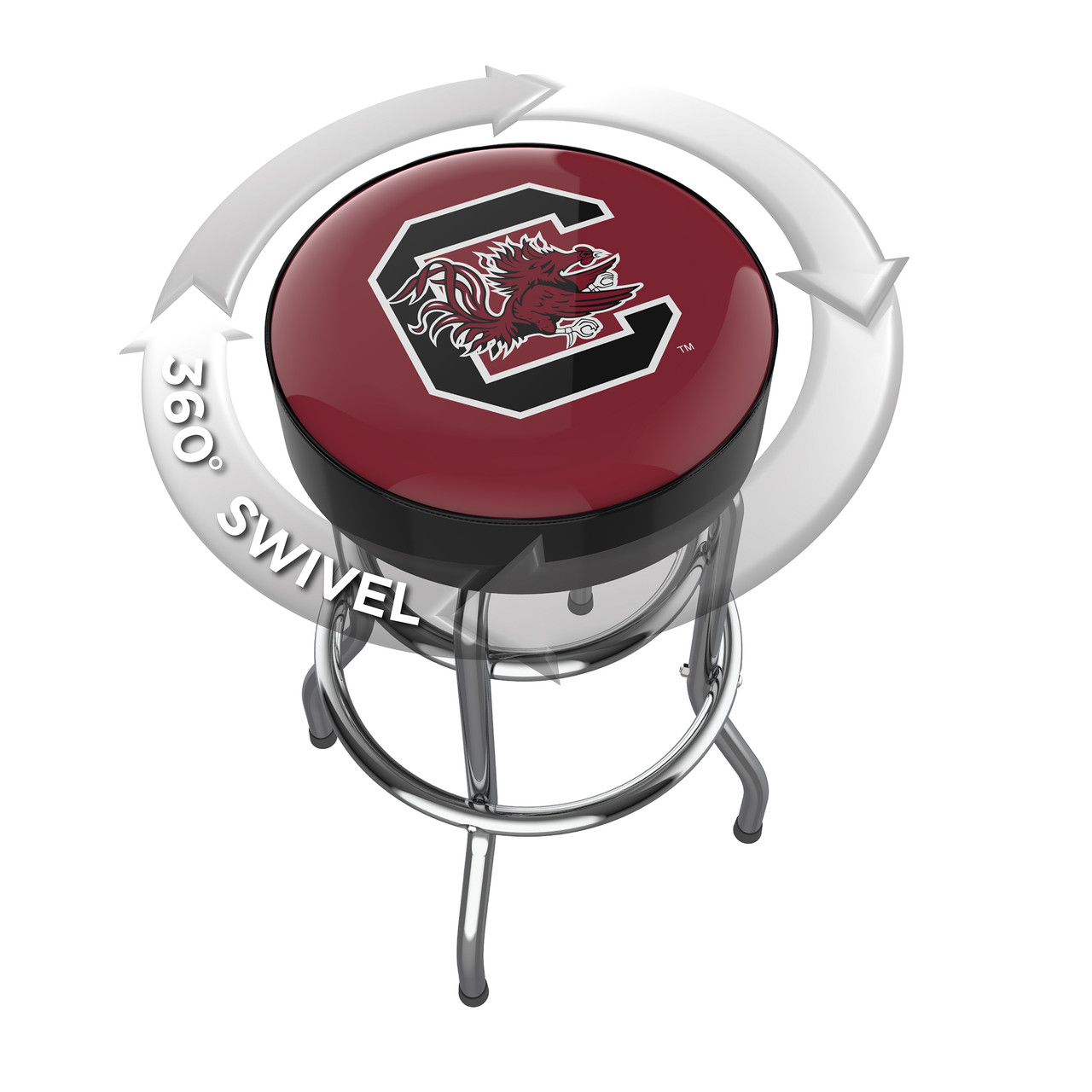 South Carolina Gamecocks chrome bar stool shown from above, featuring the round team logo seat and a 360-degree swivel design. This South Carolina bar stool adds Gamecocks team pride and functional seating to a home bar, game room, fan cave, or pool room.