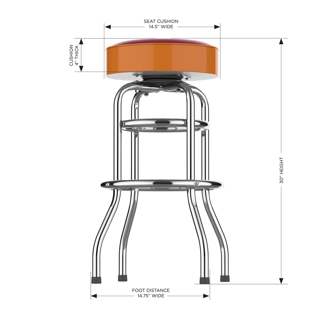Side view of the Virginia Tech Hokies 30" chrome bar stool, highlighting the round padded seat, polished chrome frame, curved legs, footrest, and stool height. This NCAA team bar stool is designed for sports-themed seating in a game room, bar area, or entertainment space.