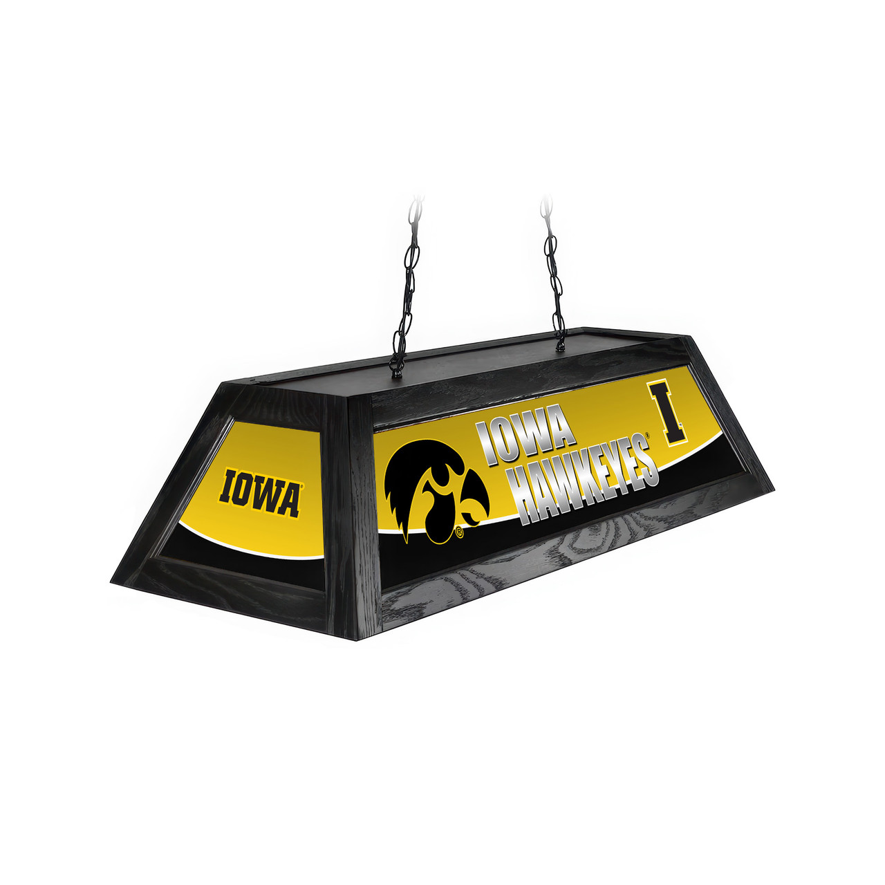 Alternate angled view of the Iowa Hawkeyes 42-inch hanging pool table light, showing the team-branded decorative panels, black fixture frame, suspension chains, and product dimension markings.