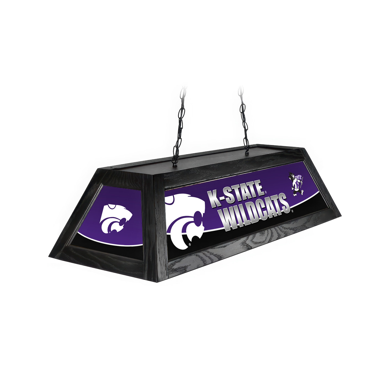 Angled product view of the Kansas State Wildcats 42-inch hanging billiard table light, featuring a black frame, purple-and-white team graphics, Wildcats logos, and ceiling suspension chains.