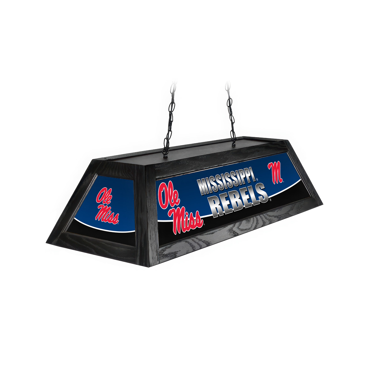 Angled product view of the Ole Miss Rebels 42-inch hanging billiard table light, featuring a black frame, navy-and-red team graphics, Ole Miss logos, and ceiling suspension chains.