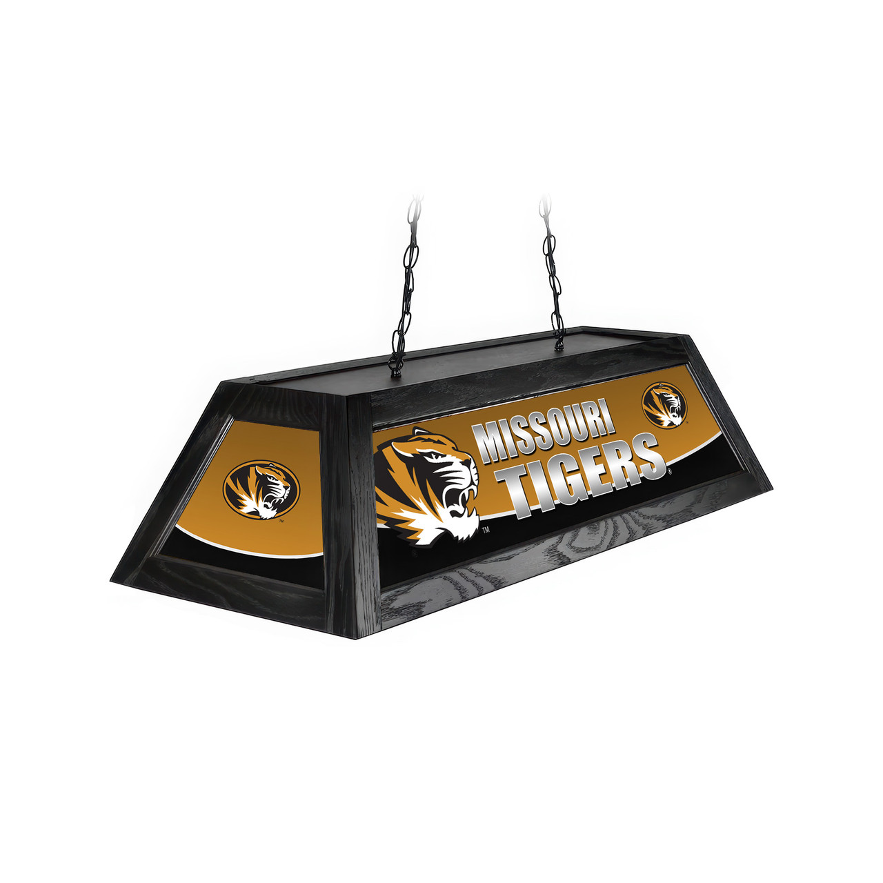 Angled product view of the Missouri Tigers 42-inch hanging billiard table light, featuring a black frame, black-and-gold team graphics, Missouri Tigers logos, and ceiling suspension chains.