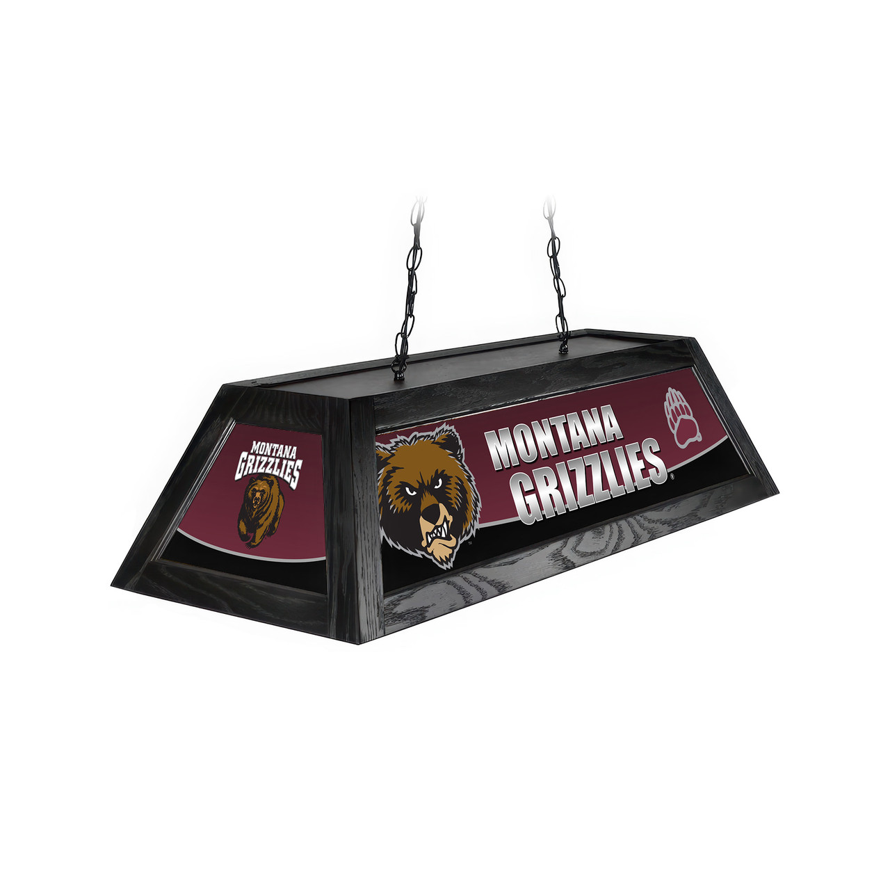 Angled product view of the Montana Grizzlies 42-inch hanging billiard table light, featuring a black frame, maroon-and-silver team graphics, Grizzlies logos, and ceiling suspension chains.