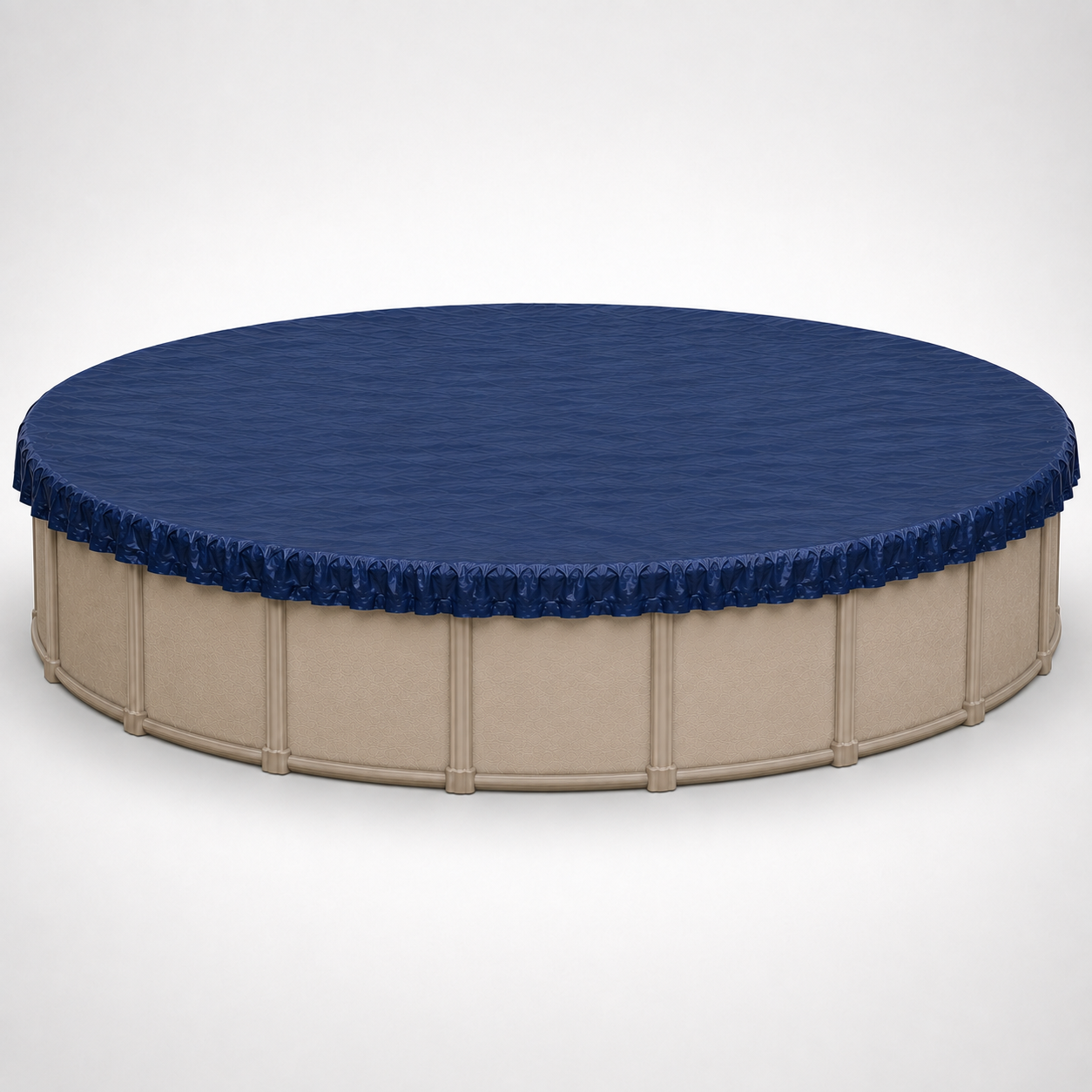 24' round above-ground winter pool cover installed on a beige round swimming pool, showing the dark blue cover fitted securely around the pool perimeter for off-season protection.