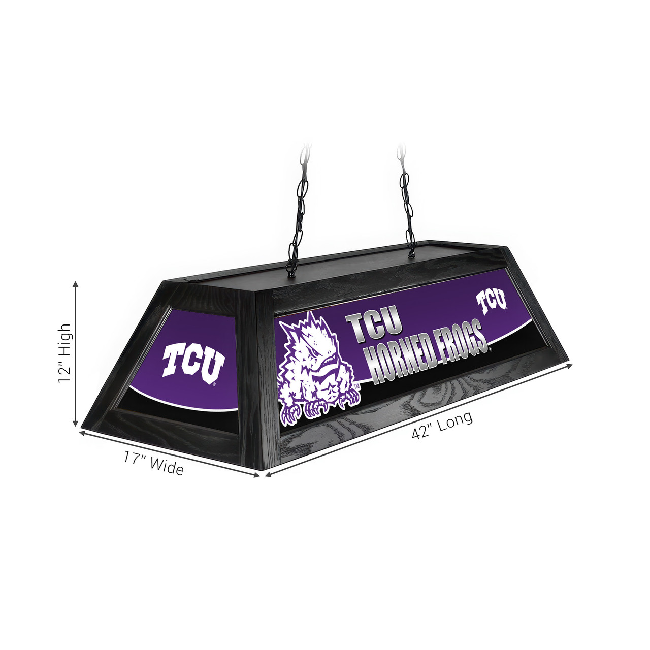 Alternate angled view of the TCU Horned Frogs 42-inch hanging pool table light, showing the team-branded decorative panels, black fixture frame, suspension chains, and product dimension markings.