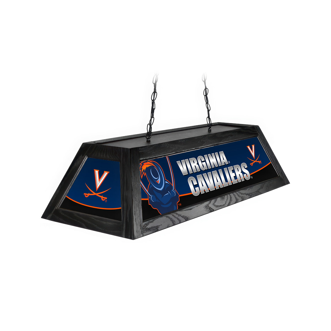 Angled product view of the Virginia Cavaliers 42-inch hanging billiard table light, featuring a black frame, navy-and-orange team graphics, Cavaliers logos, and ceiling suspension chains.