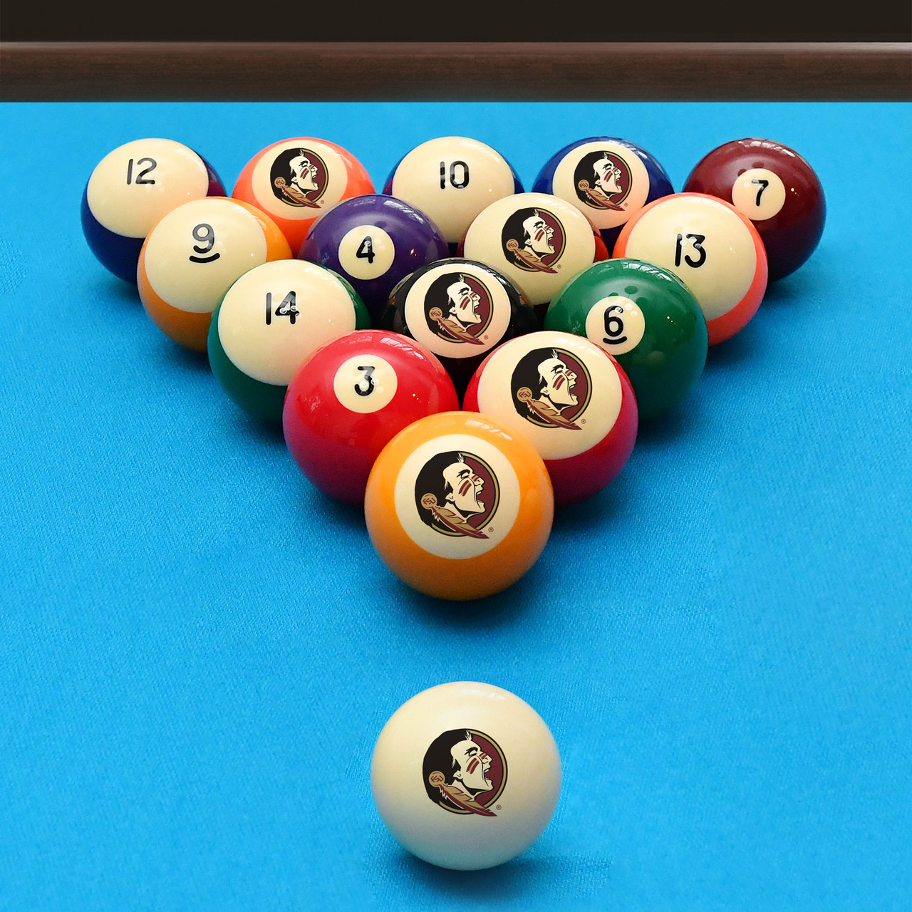 Florida State Seminoles billiard balls arranged in a triangle rack on blue pool table felt, featuring team graphics with a coordinating Florida State cue ball positioned in the foreground.