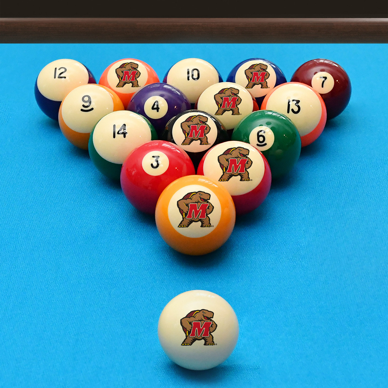 Maryland Terrapins billiard balls arranged in a triangle rack on blue pool table felt, featuring Terrapins mascot graphics with a coordinating Maryland cue ball positioned in the foreground.