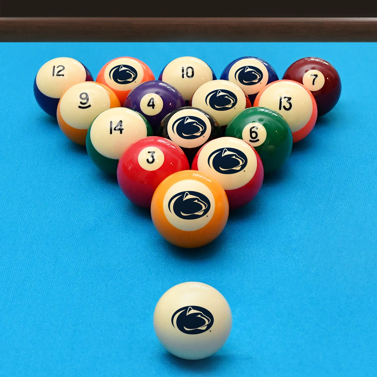 Penn State Nittany Lions billiard balls arranged in a triangle rack on blue pool table felt, featuring navy team graphics with a coordinating Penn State cue ball positioned in the foreground.