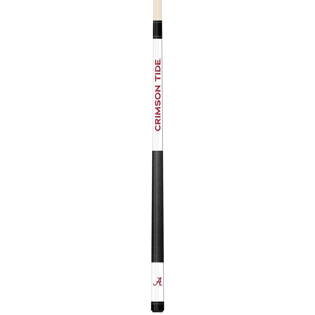 Full-length vertical product view of the Alabama Crimson Tide 19oz White Laser Etched 58-inch Cue on a white background, highlighting the red team branding, white laser-etched section, black grip, and natural wood-colored shaft.