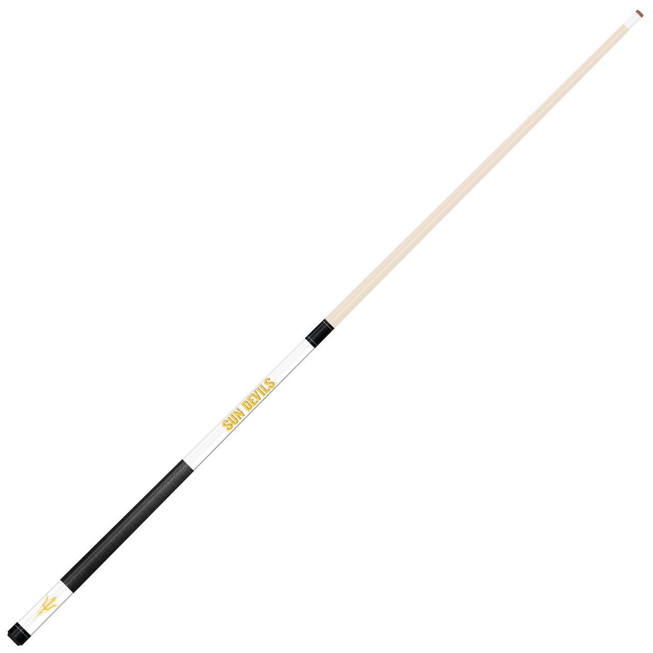 Angled full-length view of the Arizona State Sun Devils white laser-etched billiard cue, showcasing the natural wood-colored shaft, maroon-and-gold team branding, white design section, and contrasting black grip.