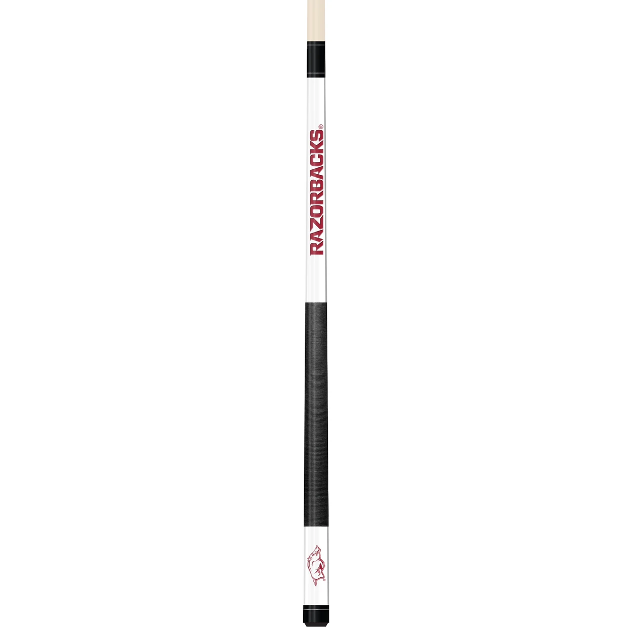 Full-length vertical product view of the Arkansas Razorbacks 19oz White Laser Etched 58-inch Cue on a white background, highlighting the white team-branded section, red Razorbacks graphics, black grip, and natural wood-colored shaft.