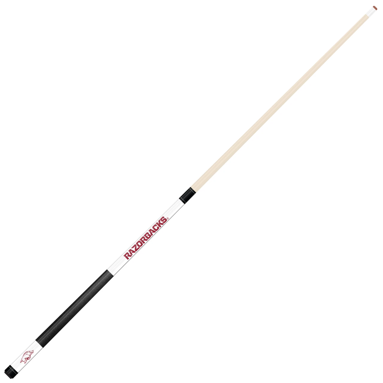 Angled full-length view of the Arkansas Razorbacks white laser-etched billiard cue, showcasing the natural wood-colored shaft, red team branding, white design section, and contrasting black grip.