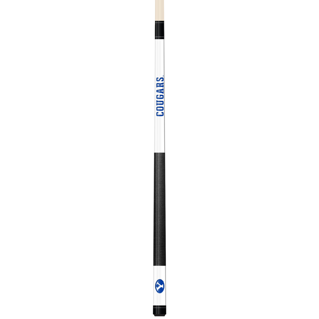 Full-length vertical product view of the BYU Cougars 19oz White Laser Etched 58-inch Cue on a white background, highlighting the white team-branded section, blue BYU graphics, black grip, and natural wood-colored shaft.
