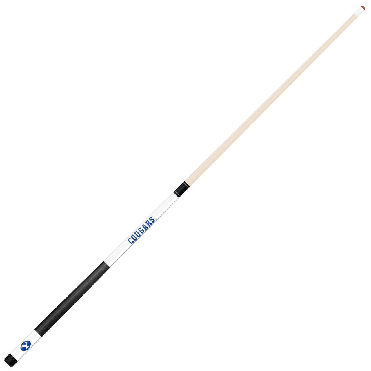 Angled full-length view of the BYU Cougars white laser-etched billiard cue, showcasing the natural wood-colored shaft, blue team branding, white design section, and contrasting black grip.