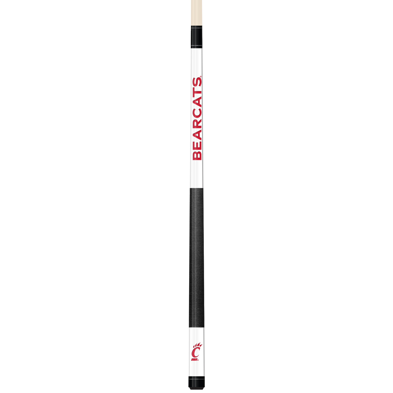 Full-length vertical product view of the Cincinnati Bearcats 19oz White Laser Etched 58-inch Cue on a white background, highlighting the white team-branded section, red-and-black Bearcats graphics, black grip, and natural wood-colored shaft.