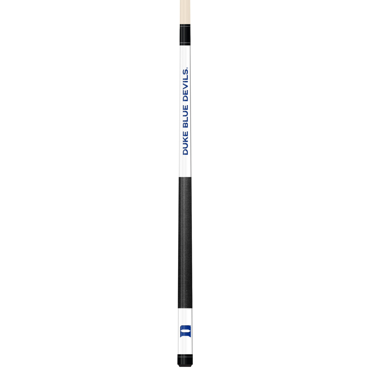 Full-length vertical product view of the Duke Blue Devils 19oz White Laser Etched 58-inch Cue on a white background, highlighting the white team-branded section, blue Duke graphics, black grip, and natural wood-colored shaft.