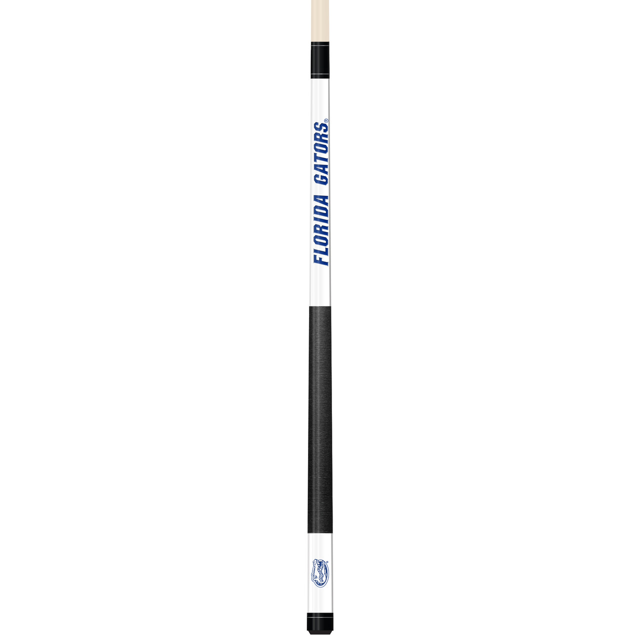 Full-length vertical product view of the Florida Gators 19oz White Laser Etched 58-inch Cue on a white background, highlighting the white team-branded section, orange-and-blue Florida graphics, black grip, and natural wood-colored shaft.