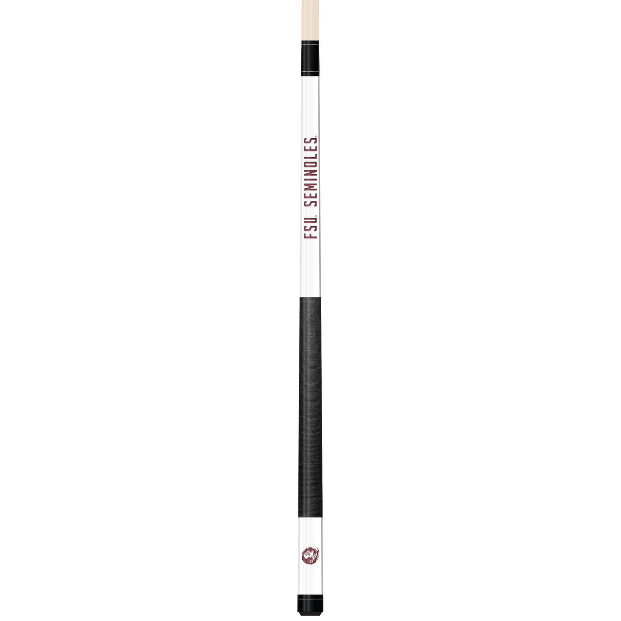 Full-length vertical product view of the Florida State Seminoles 19oz White Laser Etched 58-inch Cue on a white background, highlighting the white team-branded section, garnet-and-gold Seminoles graphics, black grip, and natural wood-colored shaft.