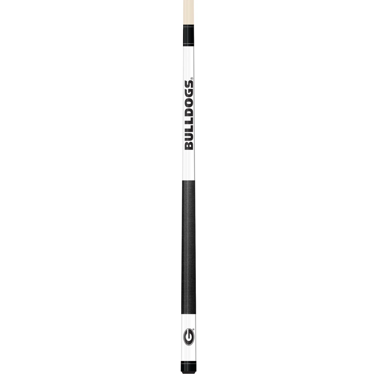 Full-length vertical product view of the Georgia Bulldogs 19oz White Laser Etched 58-inch Cue on a white background, highlighting the white team-branded section, red-and-black Georgia graphics, black grip, and natural wood-colored shaft.