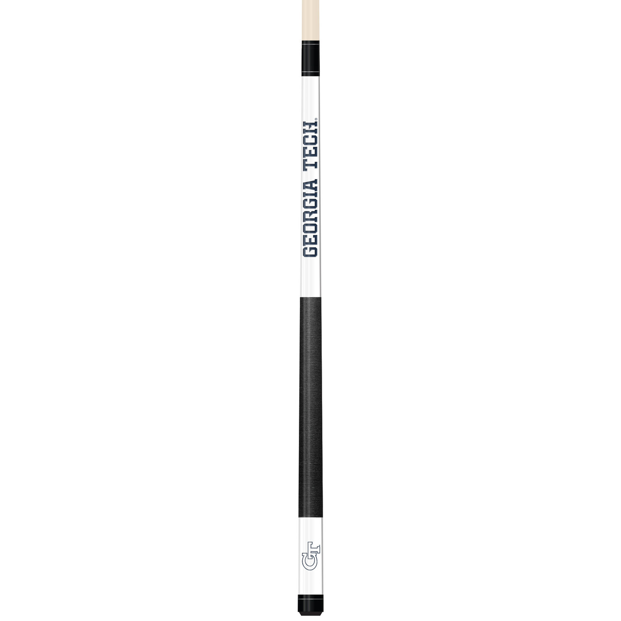 Full-length vertical product view of the Georgia Tech Yellow Jackets 19oz White Laser Etched 58-inch Cue on a white background, highlighting the white team-branded section, gold-and-navy Georgia Tech graphics, black grip, and natural wood-colored shaft.