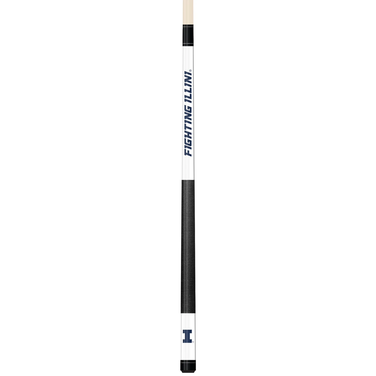 Full-length vertical product view of the Illinois Fighting Illini 19oz White Laser Etched 58-inch Cue on a white background, highlighting the white team-branded section, orange-and-blue Illinois graphics, black grip, and natural wood-colored shaft.