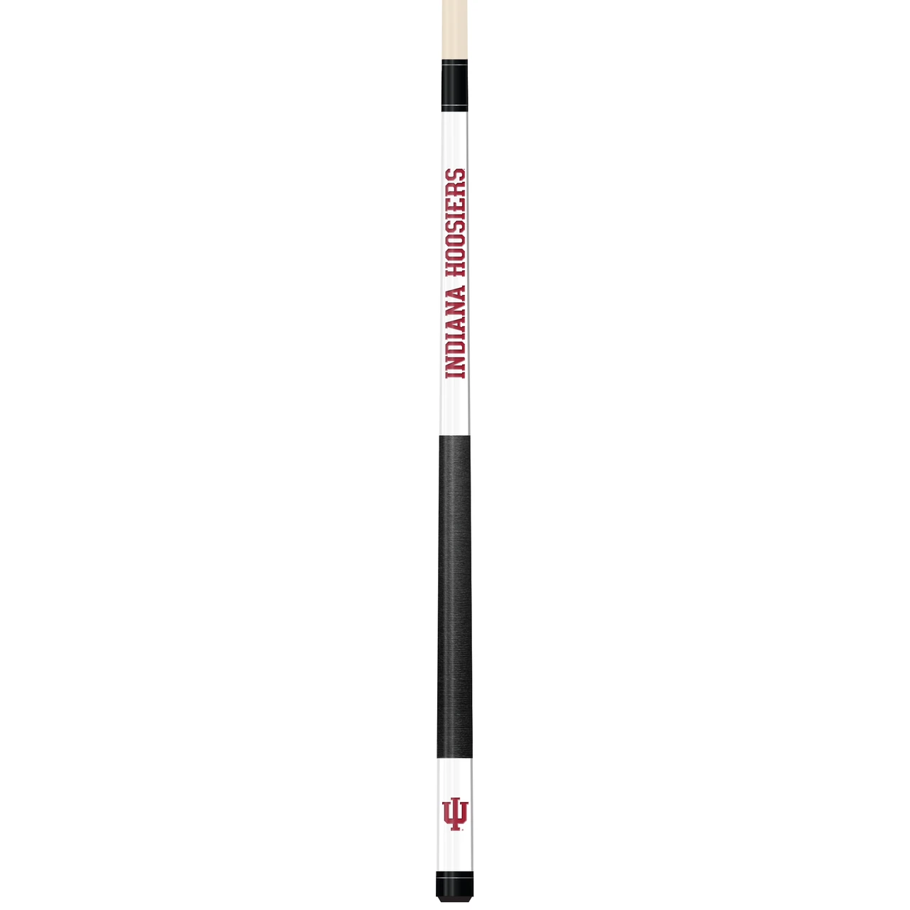 Full-length vertical product view of the Indiana Hoosiers 19oz White Laser Etched 58-inch Cue on a white background, highlighting the white team-branded section, crimson Indiana graphics, black grip, and natural wood-colored shaft.