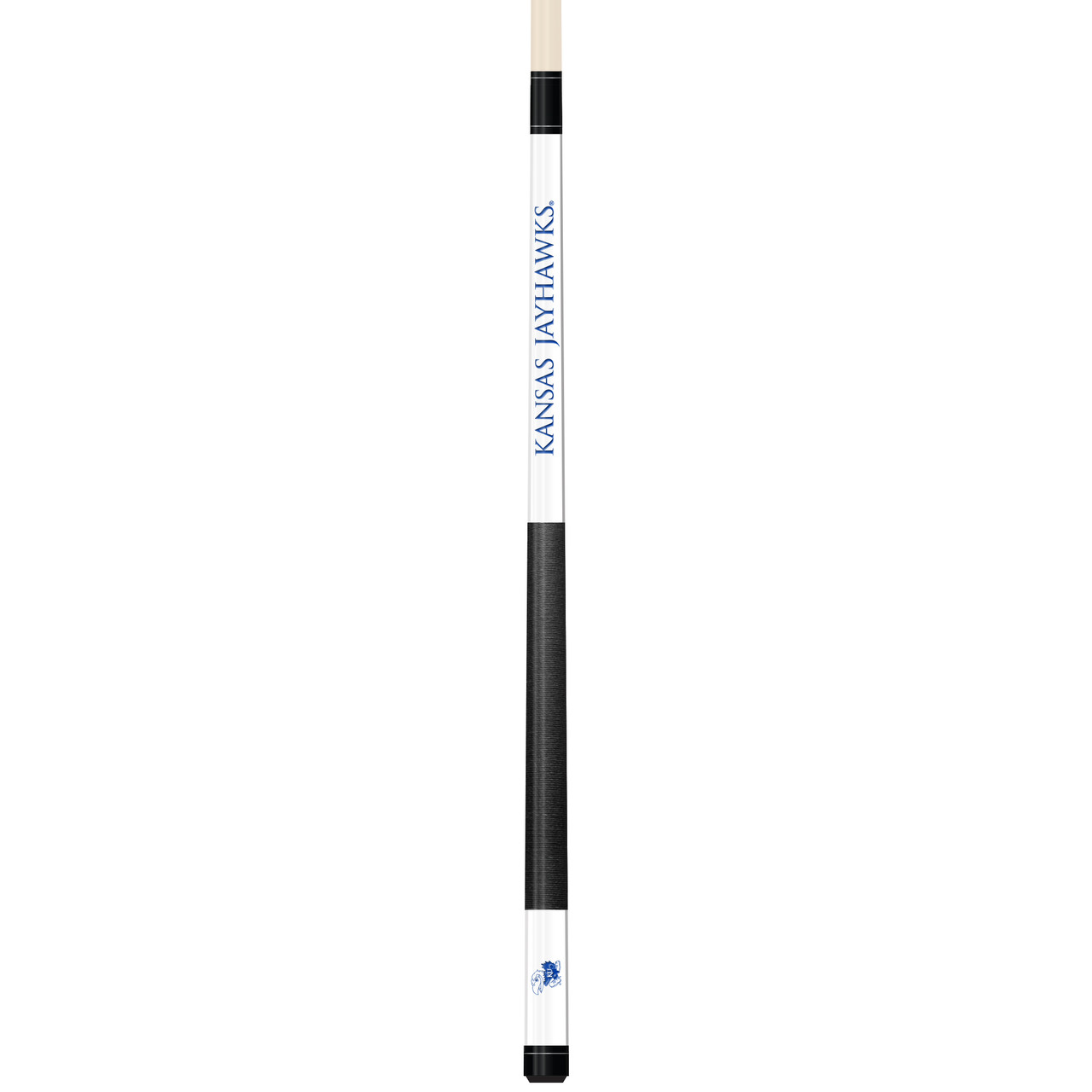 Full-length vertical product view of the Kansas Jayhawks 19oz White Laser Etched 58-inch Cue on a white background, highlighting the white team-branded section, blue-and-red Kansas graphics, black grip, and natural wood-colored shaft.