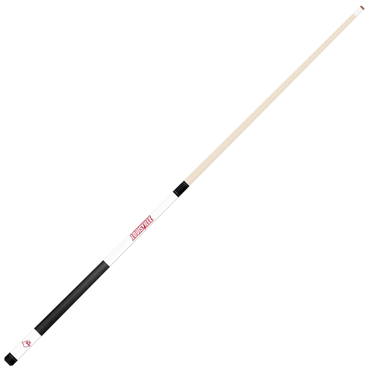 Angled full-length view of the Louisville Cardinals white laser-etched billiard cue, showcasing the natural wood-colored shaft, red-and-black team branding, white design section, and contrasting black grip.