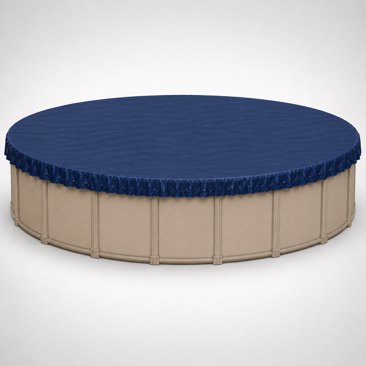 33' round above-ground swimming pool with a navy blue winter pool cover installed, showing full coverage and protective overlap around the pool wall.