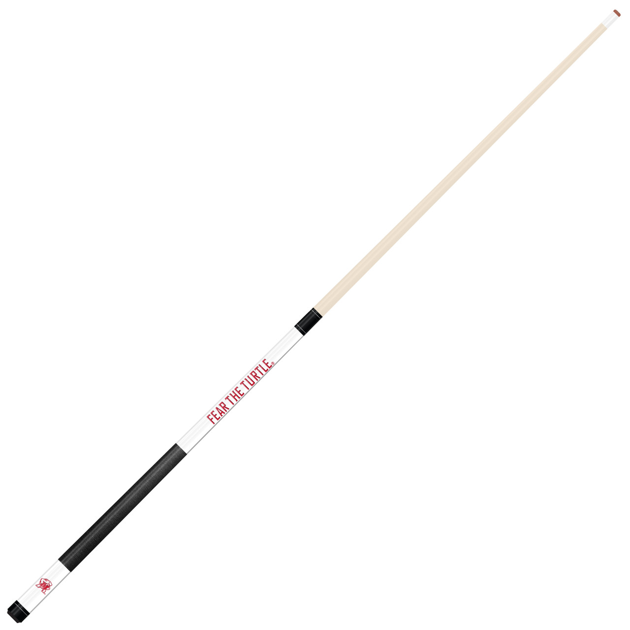 Angled full-length view of the Maryland Terrapins white laser-etched billiard cue, showcasing the natural wood-colored shaft, red, black, and gold team branding, white design section, and contrasting black grip.