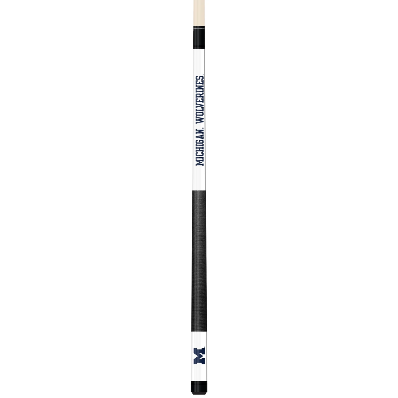 Full-length vertical product view of the Michigan Wolverines 19oz White Laser Etched 58-inch Cue on a white background, highlighting the white team-branded section, maize-and-blue Michigan graphics, black grip, and natural wood-colored shaft.