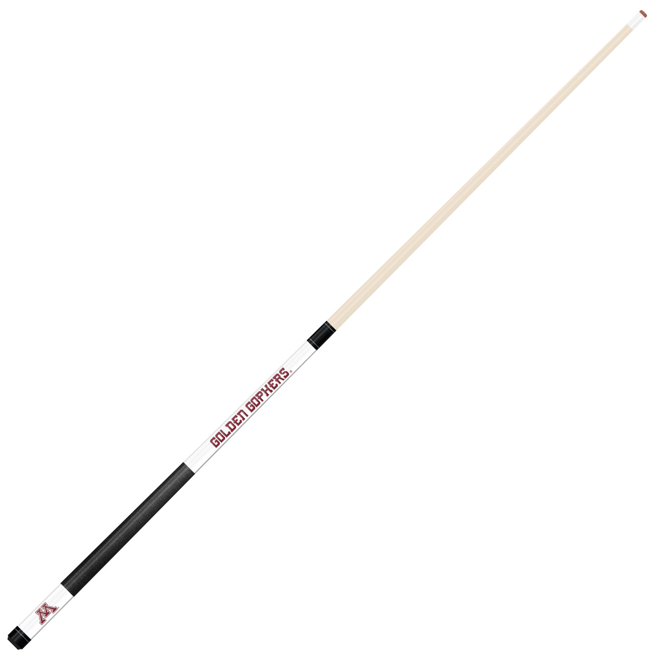 Angled full-length view of the Minnesota Golden Gophers white laser-etched billiard cue, showcasing the natural wood-colored shaft, maroon-and-gold team branding, white design section, and contrasting black grip.