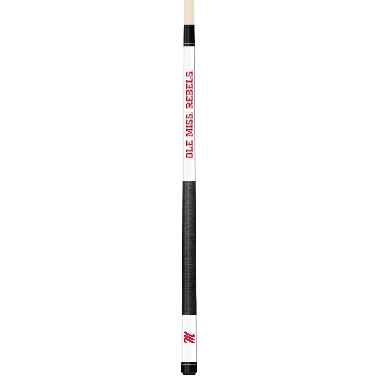 Full-length vertical product view of the Ole Miss Rebels 19oz White Laser Etched 58-inch Cue on a white background, highlighting the white team-branded section, red-and-blue Ole Miss graphics, black grip, and natural wood-colored shaft.