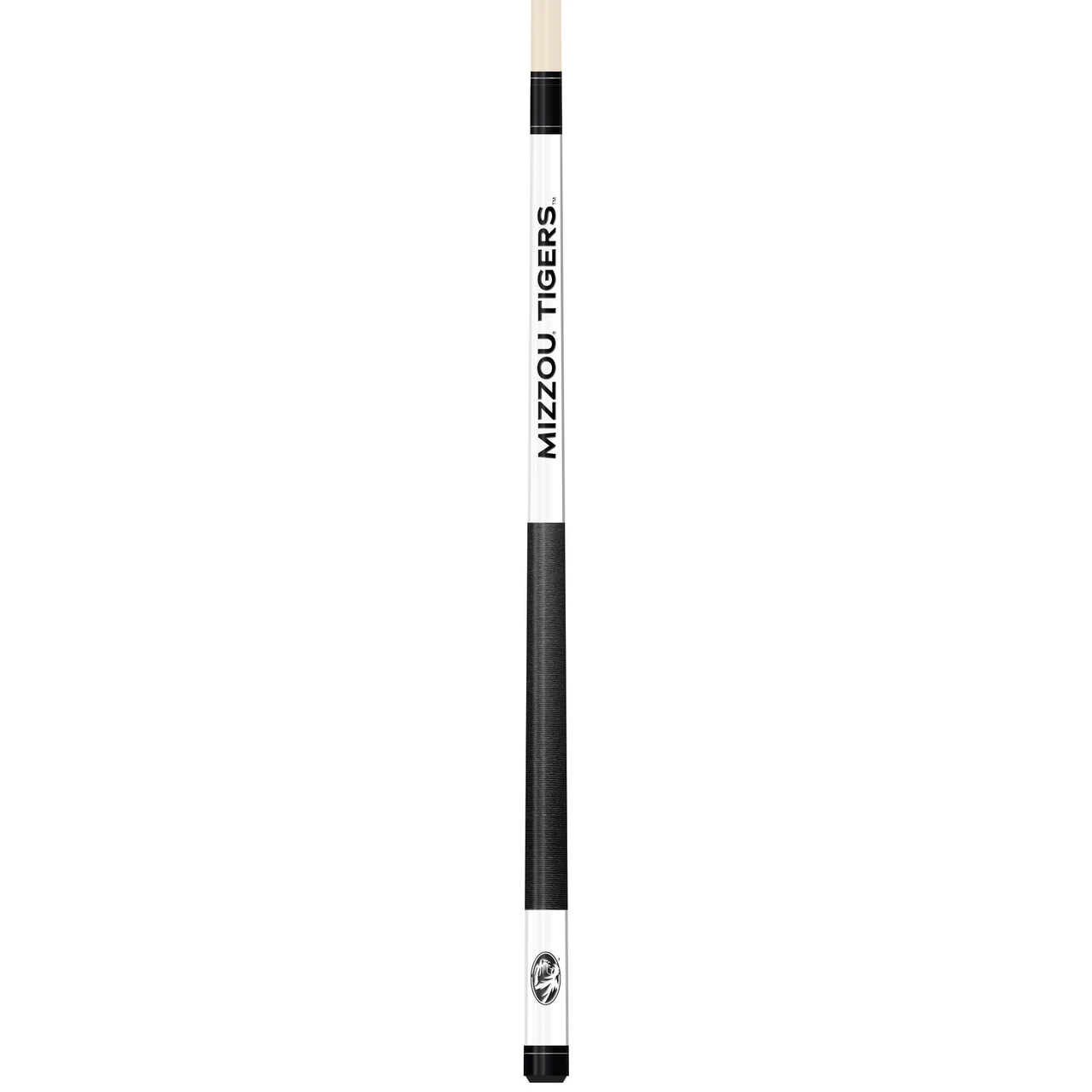 Full-length vertical product view of the Missouri Tigers 19oz White Laser Etched 58-inch Cue on a white background, highlighting the white team-branded section, black-and-gold Missouri graphics, black grip, and natural wood-colored shaft.