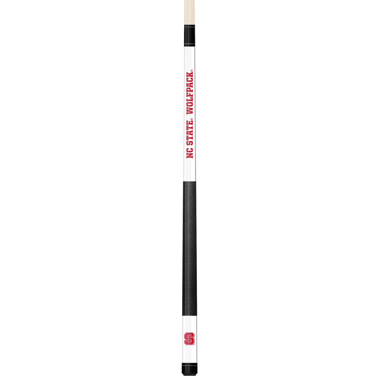 Full-length vertical product view of the North Carolina State Wolfpack 19oz White Laser Etched 58-inch Cue on a white background, highlighting the white team-branded section, red-and-black NC State graphics, black grip, and natural wood-colored shaft.