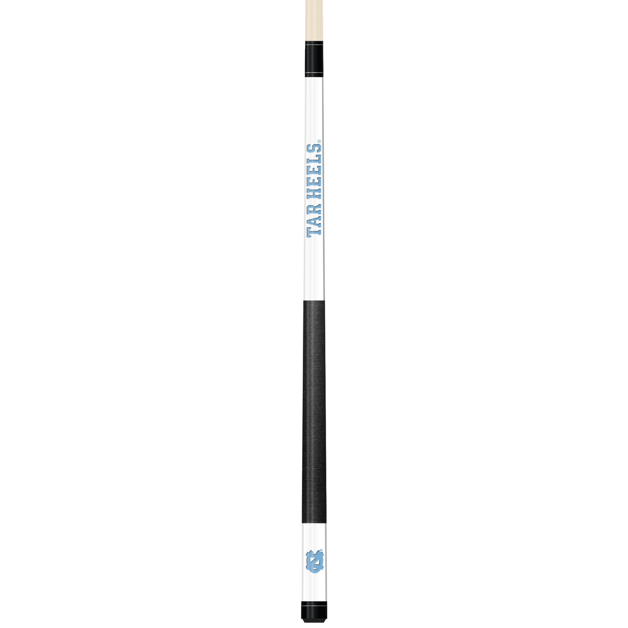 Full-length vertical product view of the North Carolina Tar Heels 19oz White Laser Etched 58-inch Cue on a white background, highlighting the white team-branded section, Carolina blue UNC graphics, black grip, and natural wood-colored shaft.