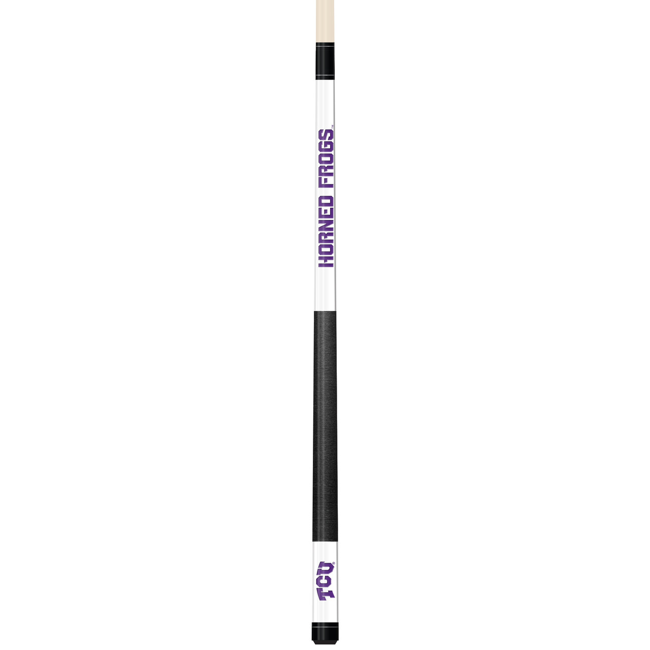 Full-length vertical product view of the TCU Horned Frogs 19oz White Laser Etched 58-inch Cue on a white background, highlighting the white team-branded section, purple TCU graphics, black grip, and natural wood-colored shaft.