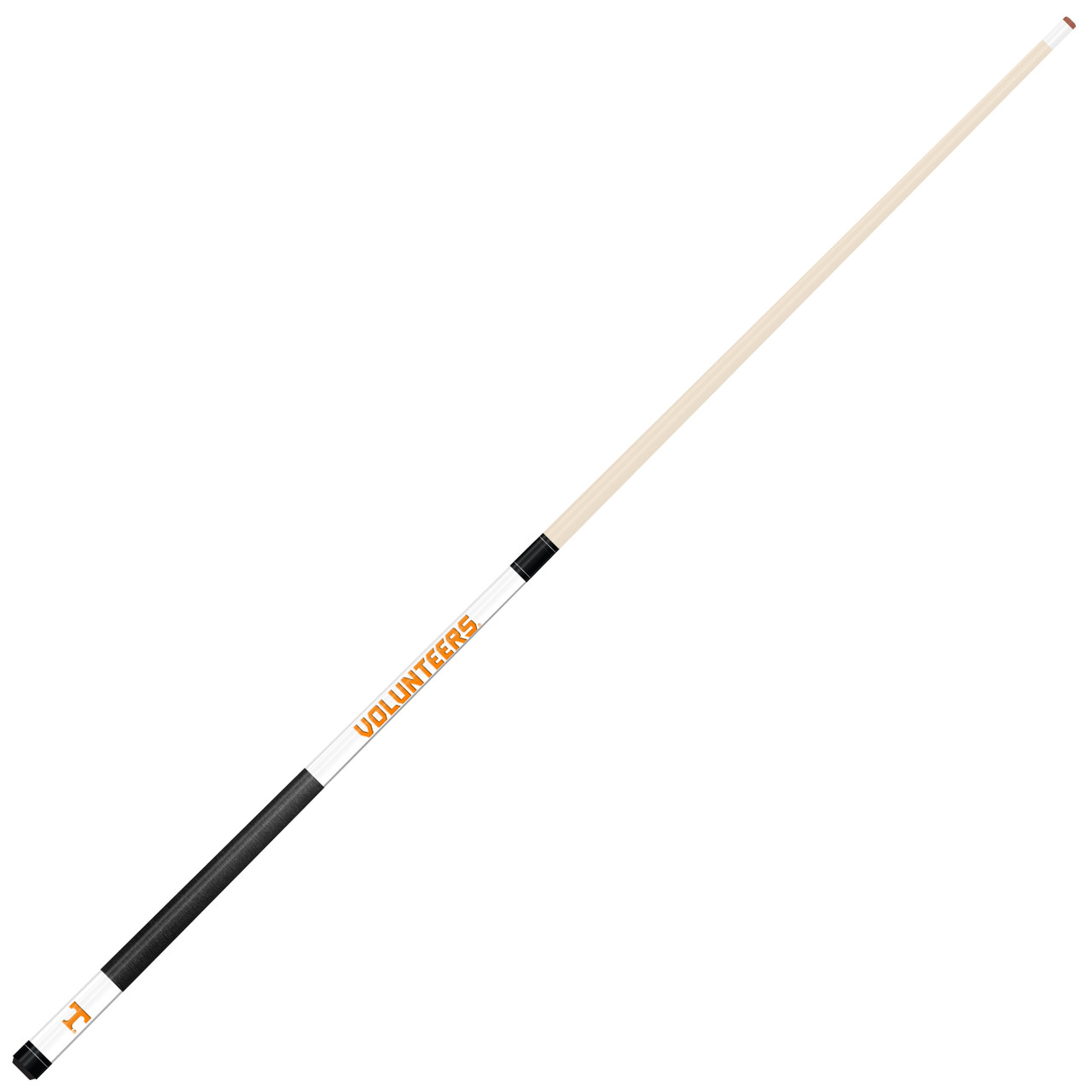 Angled full-length view of the Tennessee Volunteers 19oz White Laser Etched 58-inch Cue on a white background, showcasing the natural wood-colored shaft, orange team branding, white design section, and contrasting black grip.