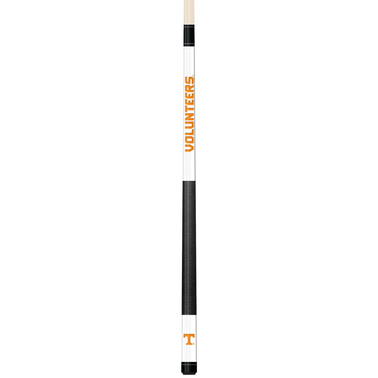 Full-length vertical product view of the Tennessee Volunteers 19oz White Laser Etched 58-inch Cue on a white background, highlighting the white team-branded section, orange Tennessee graphics, black grip, and natural wood-colored shaft.
