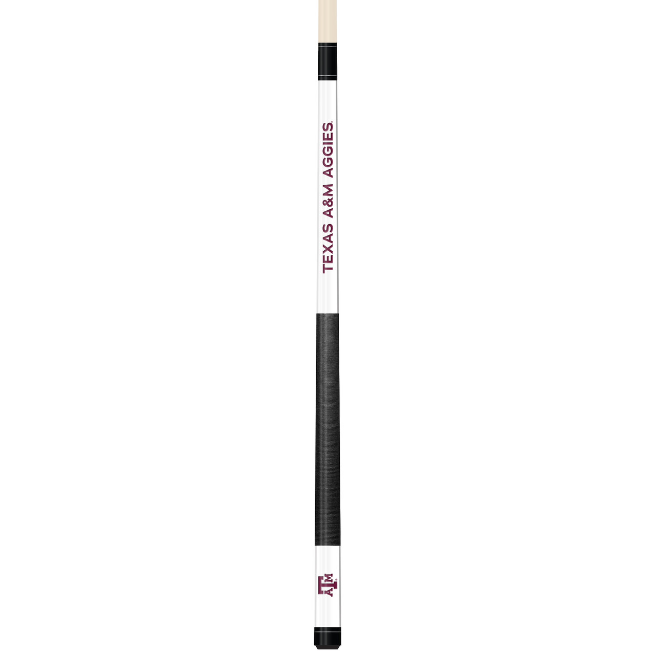 Full-length vertical product view of the Texas A&M Aggies 19oz White Laser Etched 58-inch Cue on a white background, highlighting the white team-branded section, maroon Texas A&M graphics, black grip, and natural wood-colored shaft.