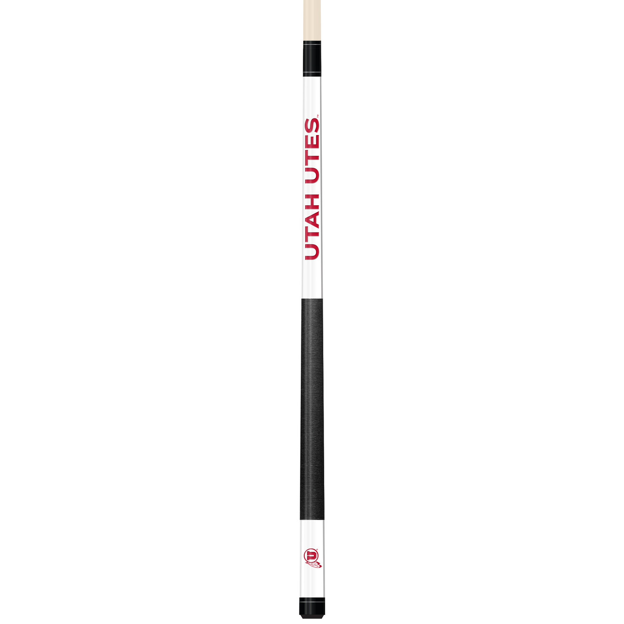 Full-length vertical product view of the Utah Utes 19oz White Laser Etched 58-inch Cue on a white background, highlighting the white team-branded section, red Utah graphics, black grip, and natural wood-colored shaft.