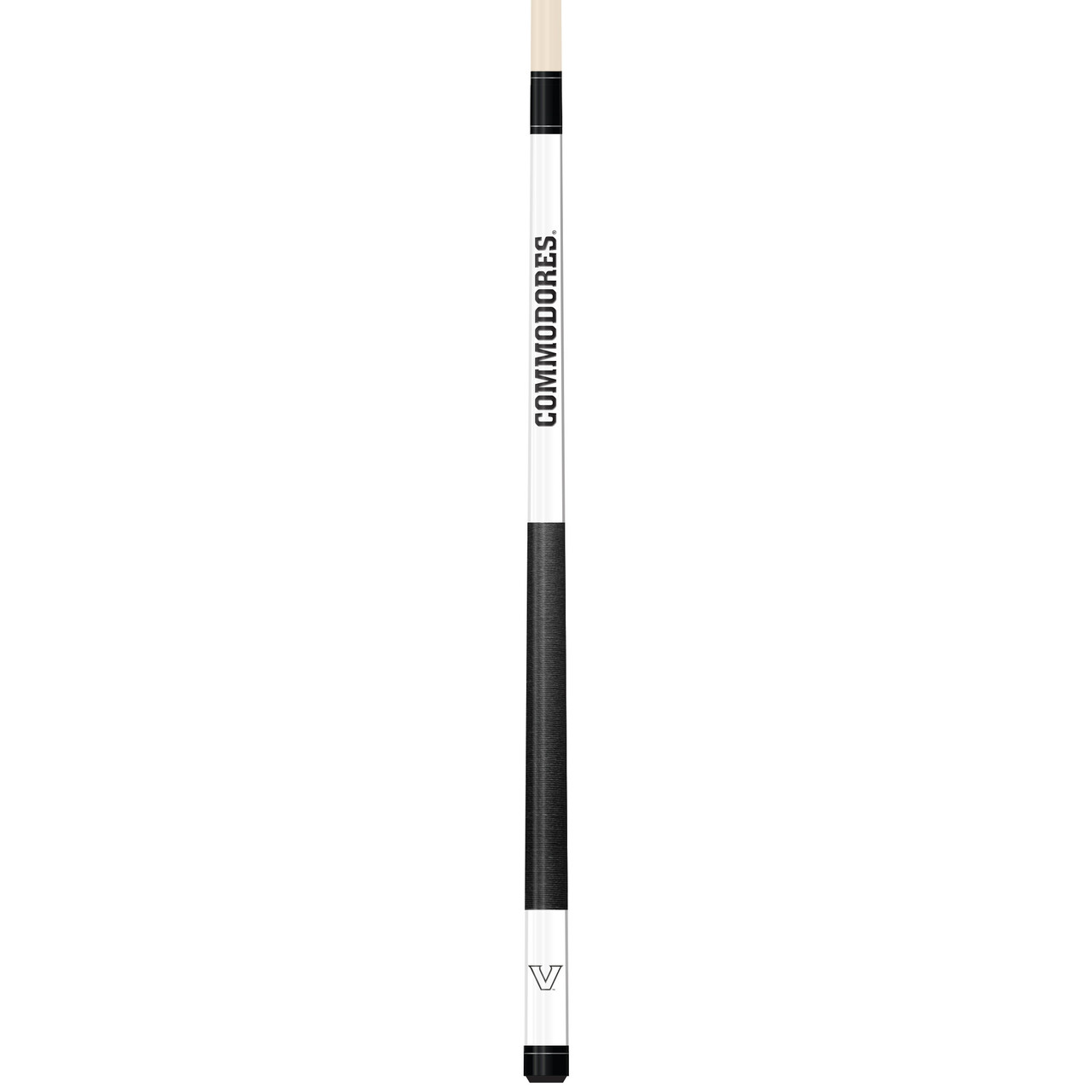 Full-length vertical product view of the Vanderbilt Commodores 19oz White Laser Etched 58-inch Cue on a white background, highlighting the white team-branded section, black-and-gold Vanderbilt graphics, black grip, and natural wood-colored shaft.