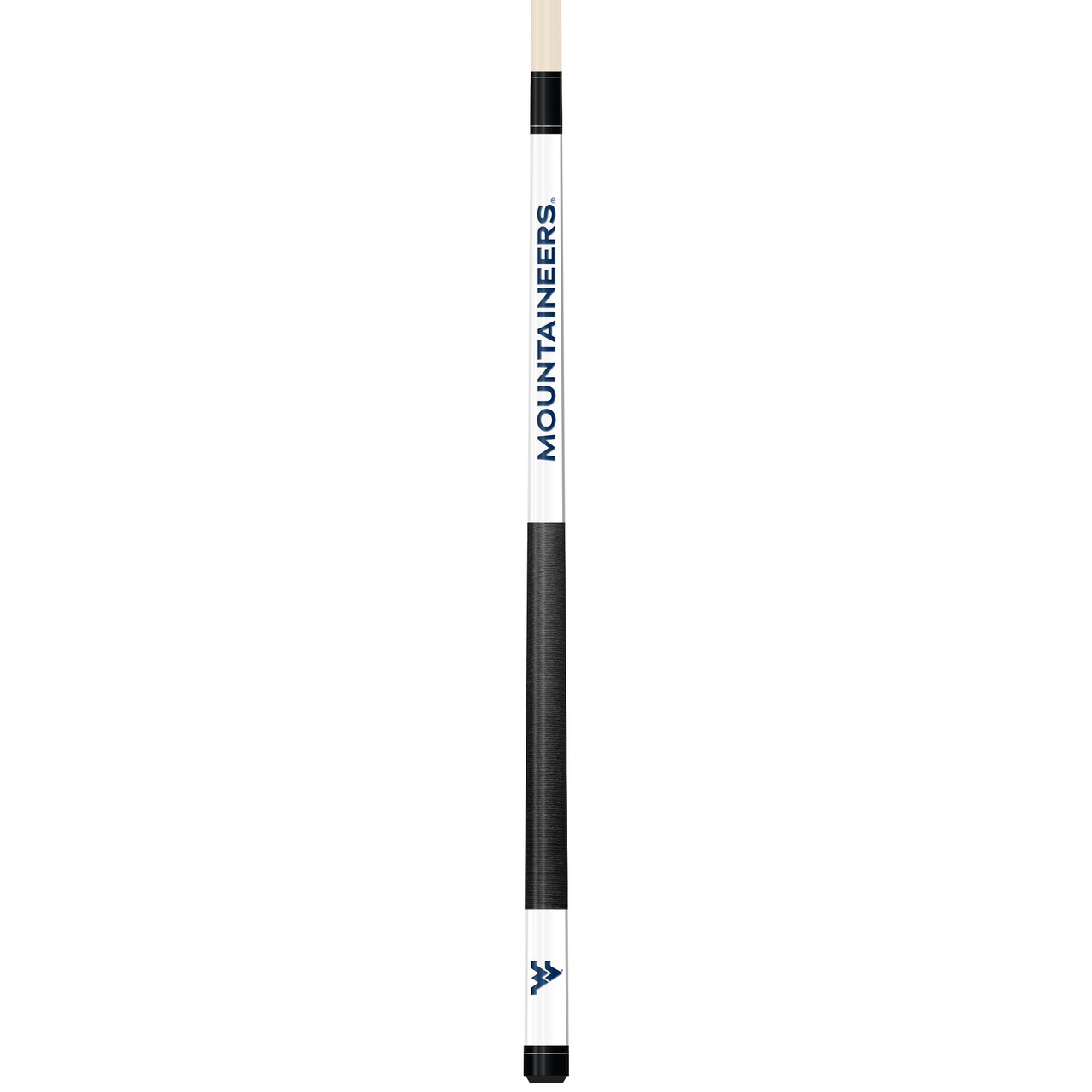 Full-length vertical product view of the West Virginia Mountaineers 19oz White Laser Etched 58-inch Cue on a white background, highlighting the white team-branded section, blue-and-gold West Virginia graphics, black grip, and natural wood-colored shaft.