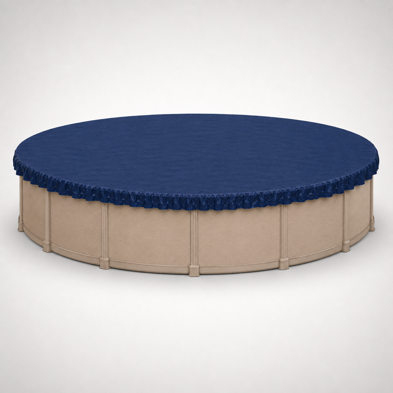 27'/28' round above-ground pool shown with a navy blue winter pool cover installed for seasonal protection.