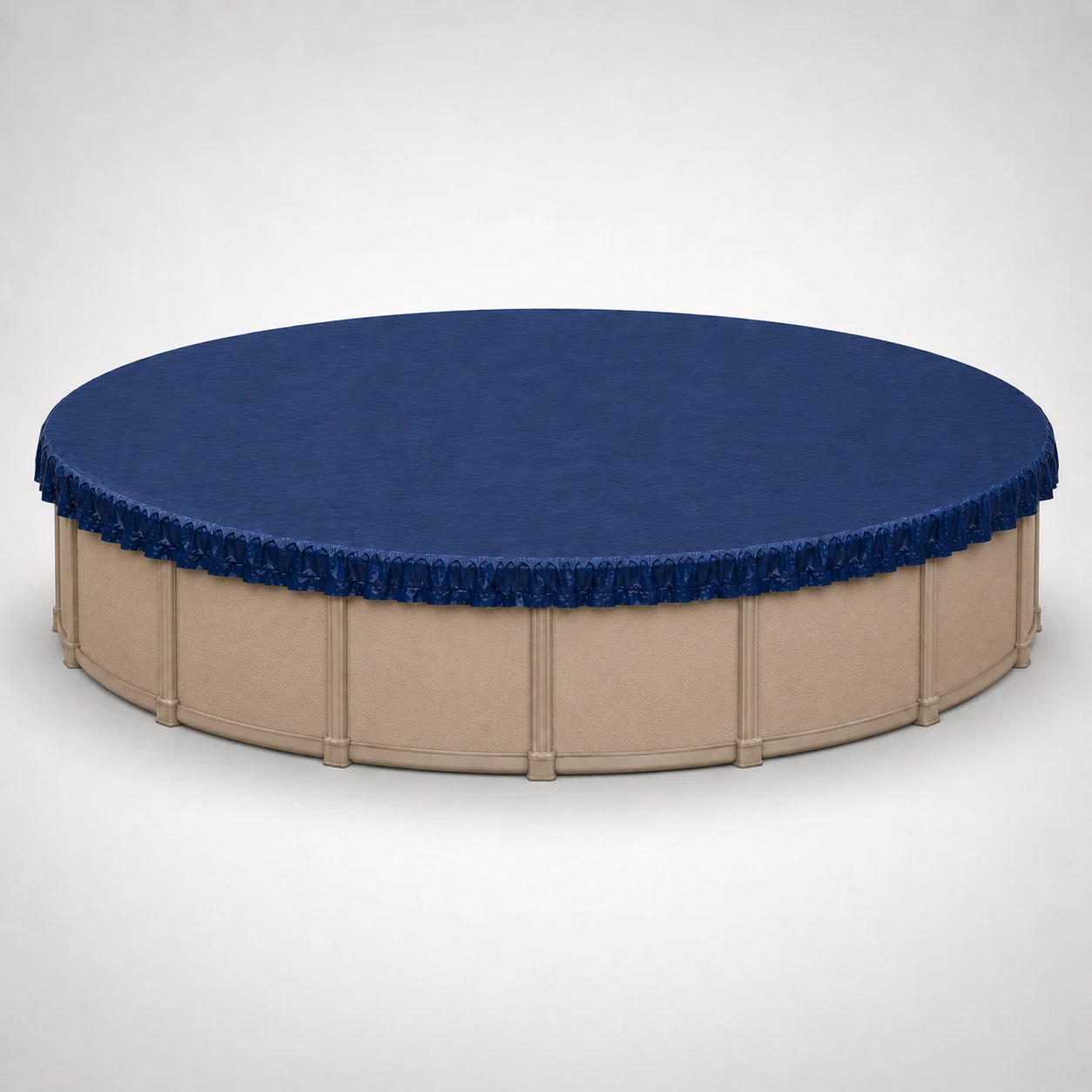 30' round above-ground swimming pool with a blue winter pool cover installed, showing the full fitted cover and protective overlap around the pool walls.