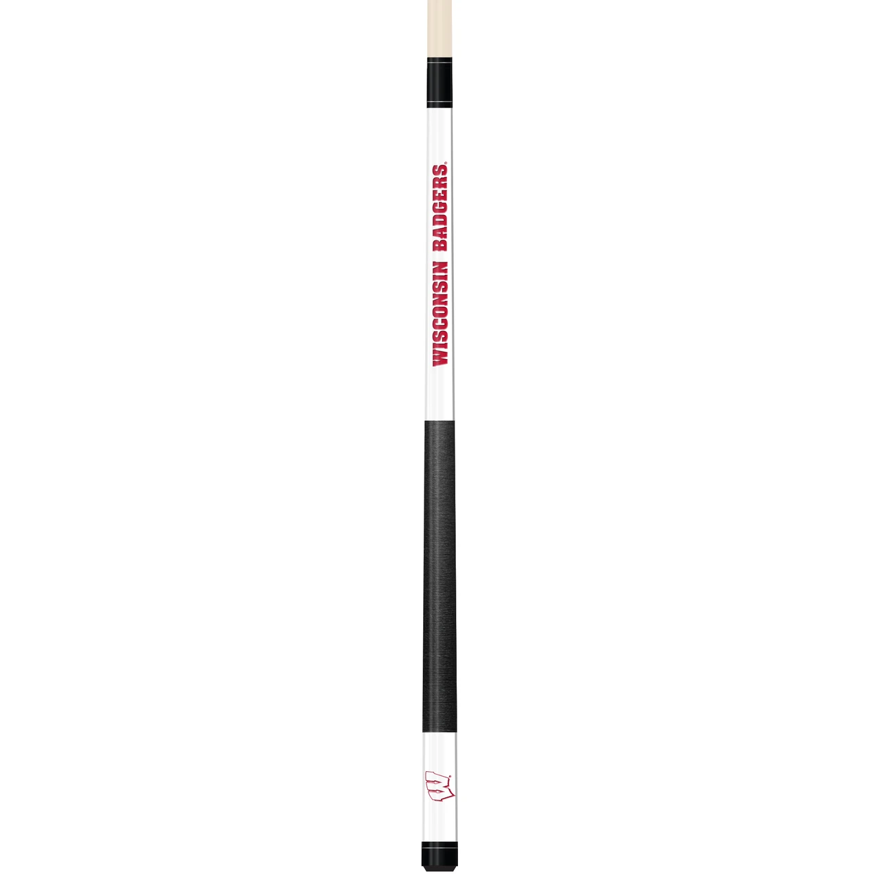 Full-length vertical view of the Wisconsin Badgers 19oz White Laser Etched 58" Cue, showing its white finish, red team graphics, black grip section, and two-piece construction.